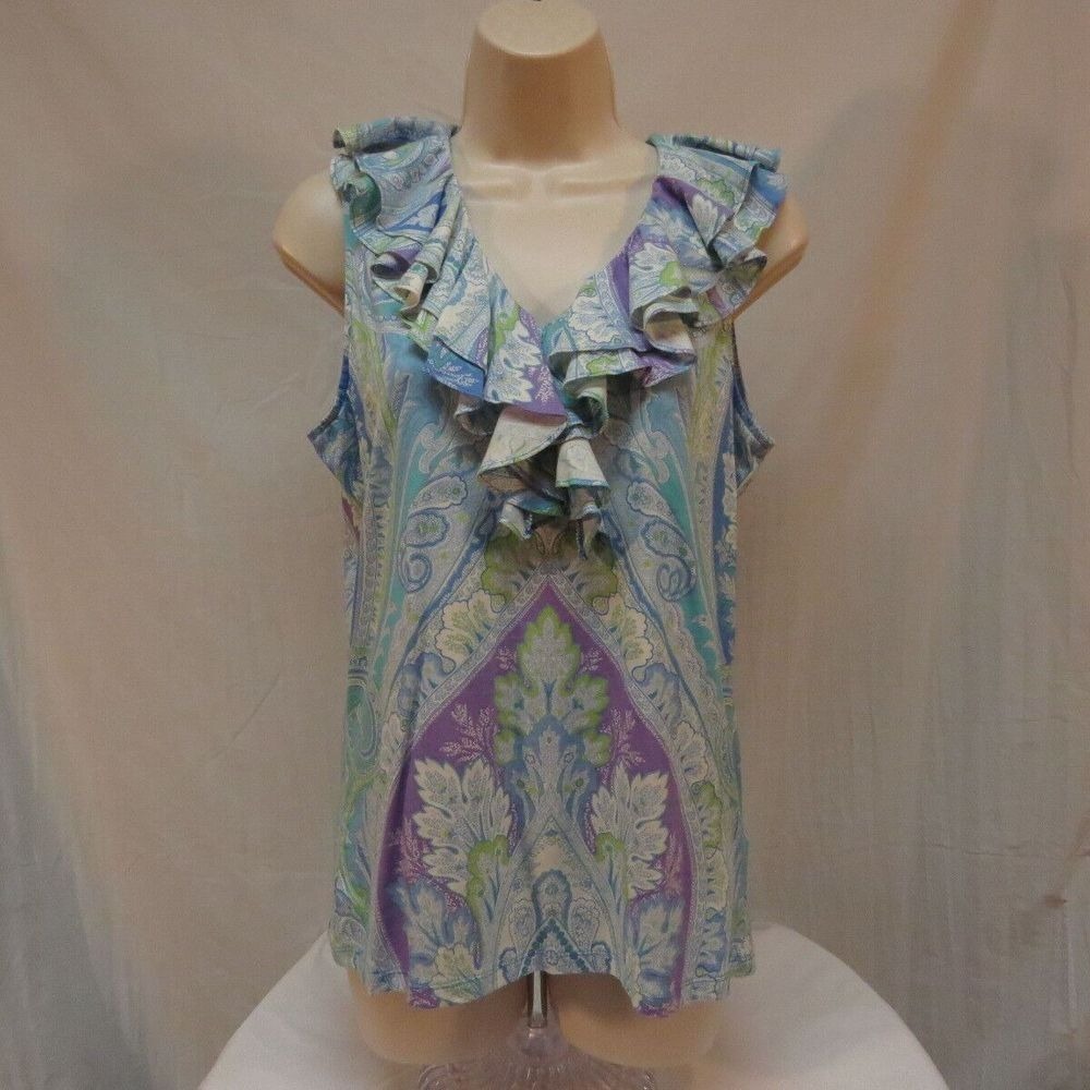 NWT Lauren Sleeveless Ruffle V-Neck Top Paisley Print Tank Top Blouse Size M